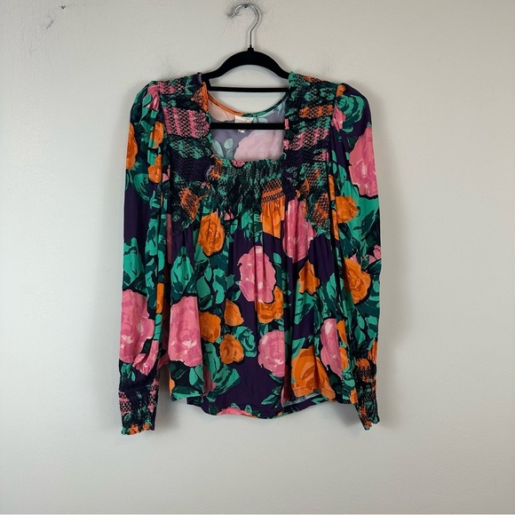 Plenty by Tracy Reese | Black Floral Smocked Neckline Long Sleeve Blouse XS - Picture 1 of 6
